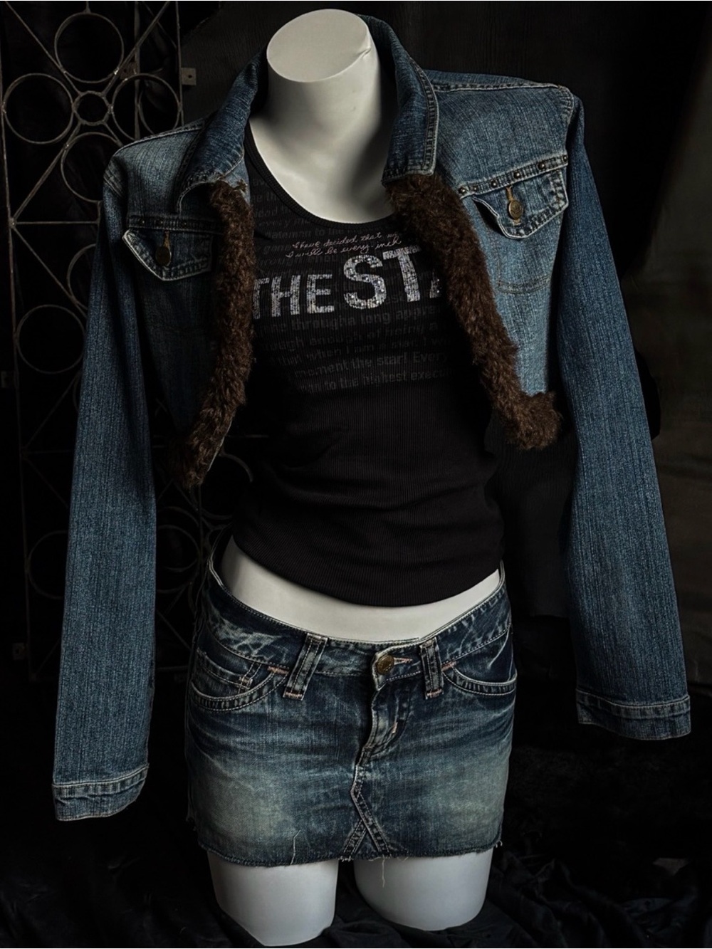 Vintage Y2K Crop Fur Denim Bolero Jacket